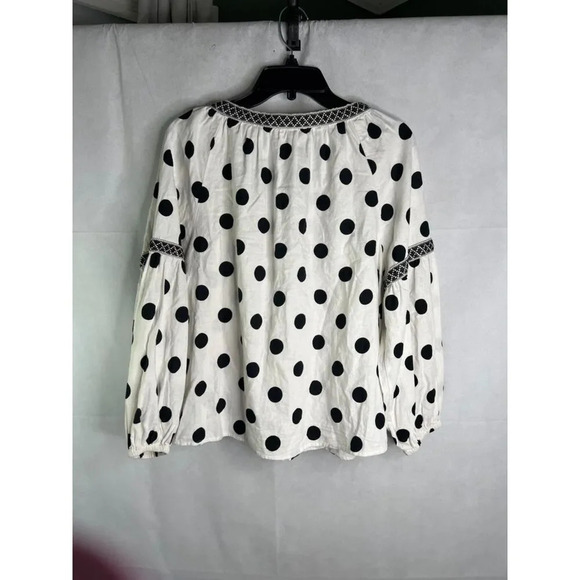 Skies are Blue Linen Blend Vneck White Black Polka Dot Blouse Size Medium - Picture 2 of 8
